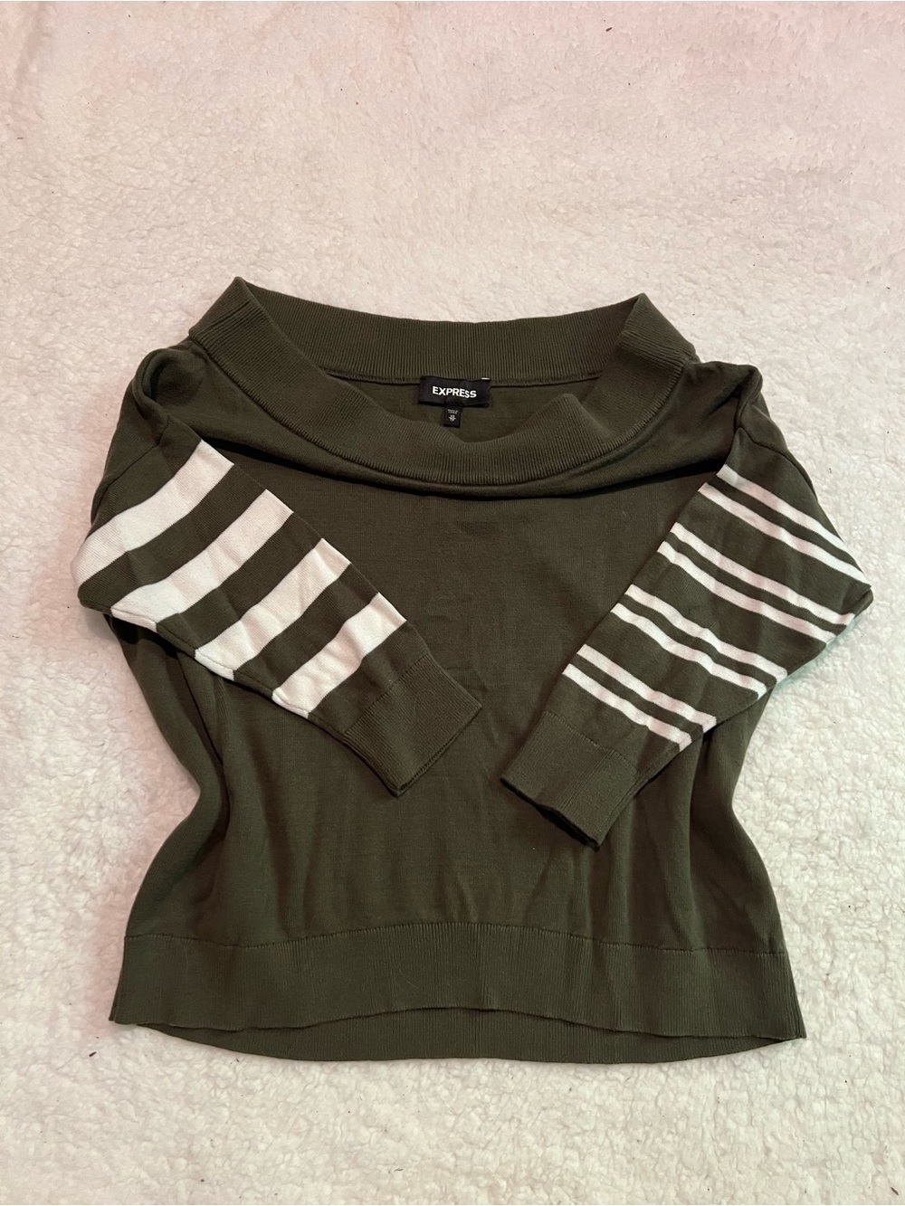 Express Olive Off-the-Shoulder Sweater with White Striped Sleeves